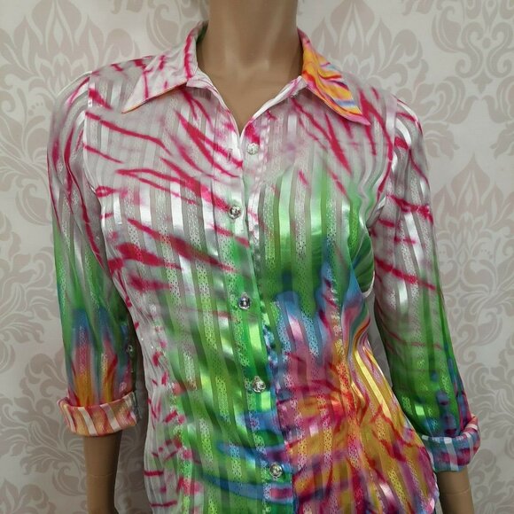 Vintage 90s Tie Dye Print Sheer Shimmery Blouse Size S White Button Front - Picture 1 of 12
